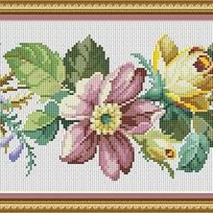 May include: A cross-stitch embroidery design featuring a floral garland with pink, white, and yellow flowers, green leaves, and purple blossoms.