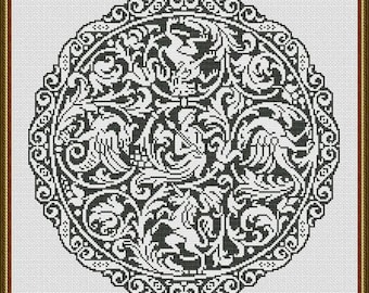 Scena antica uomo draghi unicorno disegno rotondo contato punto croce/filet uncinetto modello PDF