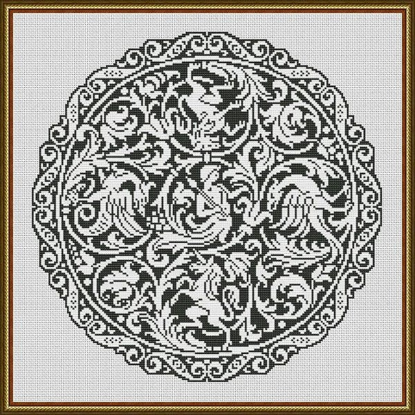 Antique Scene Man Dragons Unicorn Round Design Counted Cross Stitch/Filet Crochet Pattern PDF