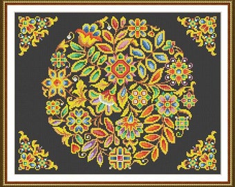 Antique Round Tapestry Folk Art Floral Décor Multicolored Design Counted Cross Stitch Pattern PDF