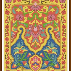 May include: A colorful rug with a floral pattern in shades of red, yellow, blue, and green. The rug has a border of yellow and red flowers.