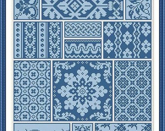 Antique Sampler 1 and Sampler 2 Repeating Borders Floral Textile Adaptation Counted Cross Stitch Pattern PDF