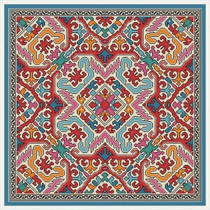 K&ouml;nnte beinhalten: Ein quadratisches Kreuzstichmuster mit einem komplexen geometrischen Muster. Das Design verwendet Rot, Orange, Blau, Rosa und T&uuml;rkis auf einem cremefarbenen Hintergrund. Ein blauer Rahmen umrahmt das komplizierte Kunstwerk.
