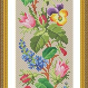 May include: A cross-stitch pattern featuring a vertical arrangement of colorful flowers, including pink, purple, yellow, and blue blossoms, with green leaves and stems. The flowers are arranged in a repeating pattern, creating a sense of rhythm and movement.
