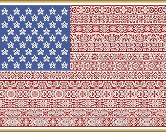 American Flag Cross Stitch Pattern Stars and Stripes Repeating Borders Large Design PDF Instant Download