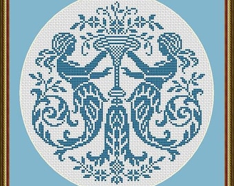 Antique Scene 1 Mermaids Monochrome Counted Cross Stitch Pattern PDF