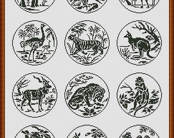Campionatore monocromatico di animali e uccelli Elefante, Aquila, Tigre, Leone, Cervo Punto croce/Filet Schema uncinetto PDF