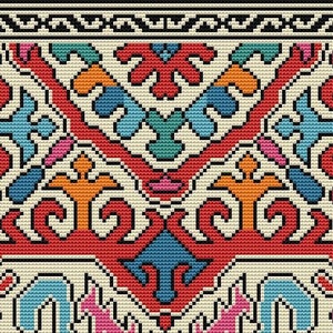K&ouml;nnte beinhalten: Detailliertes, farbenfrohes Muster mit sich wiederholendem Design. Es zeigt rote, blaue, orangefarbene und rosa Elemente auf cremefarbenem Hintergrund. Das Muster hat einen Rand mit schwarz-wei&szlig;en geometrischen Formen, geeignet f&uuml;r Textilien.