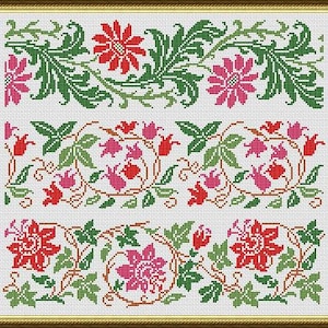 Large Floral Borders Sampler 1 Repeating Motifs Decorative Borders Counted Cross Stitch Pattern PDF