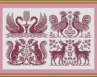 Birds And Animals Monochrome Sampler Swans Roosters Squirrels Goats Counted Cross Stitch/Filet Crochet Pattern PDF