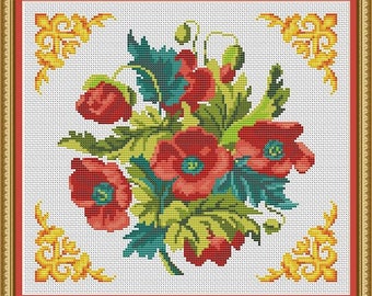 Vintage Poppies Flowers Bouquet Counted Cross Stitch PDF Pattern