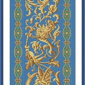 May include: A blue and gold cross stitch pattern featuring a repeating design of stylised floral motifs and dragons. The pattern is framed in a blue frame.