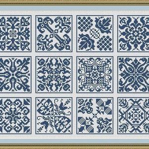Antique Sampler Square Mini Tiles Set 1 Monochrome Counted Cross Stitch Pattern PDF