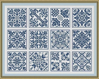 Mini piastrelle quadrate per campionatori antichi Set 1 schema punto croce contato monocromatico PDF