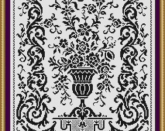 Monochrome Vintage Floral Vase 1 Counted Cross Stitch Pattern PDF