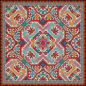 K&ouml;nnte beinhalten: Quadratischer Textilstoff mit komplexem geometrischen Muster. Das Design zeigt sich wiederholende Formen in Rot, Orange, Blau, Rosa und Gr&uuml;n auf cremefarbenem Hintergrund, umrahmt von einem braunen Rand mit schwarz-wei&szlig;em Muster.