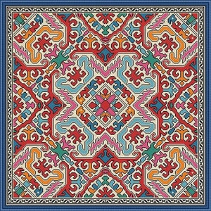 K&ouml;nnte beinhalten: Ein quadratisches Textil mit einem komplexen Muster und einem blauen Rand. Das Design ist eine symmetrische Anordnung geometrischer Formen in Rot, Orange, T&uuml;rkis, Rosa und Creme, die ein lebendiges und detailliertes Bild erzeugt.