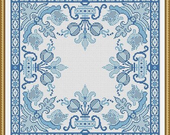Antique Pillow Square Blue Motif Counted Cross Stitch Pattern PDF