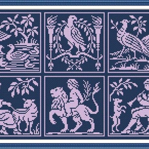 May include: A framed cross-stitch sampler with six panels, each featuring a different scene in shades of pink and white on a navy blue background. The scenes include birds, ducks, and figures with animals. The frame is a dark blue.