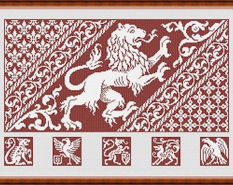 Antique Medieval Heraldic Lion Rampant Small Heraldic Samplers Monochrome Counted Cross Stich Pattern PDF Format