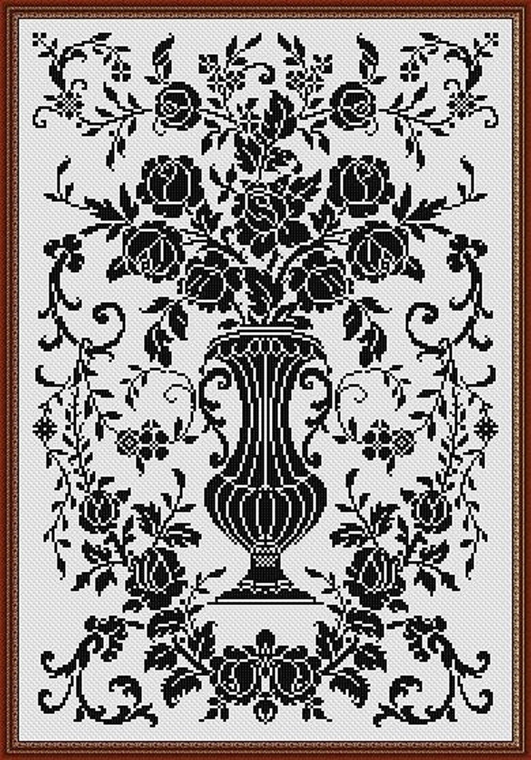 Monochrome Vintage Floral Vase 2 Counted Cross Stitch Pattern PDF ...