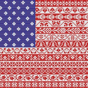 May include: A knitted American flag with a red, white, and blue color scheme. The flag is made up of a series of horizontal stripes with a blue rectangle in the upper left corner. The blue rectangle contains white stars.