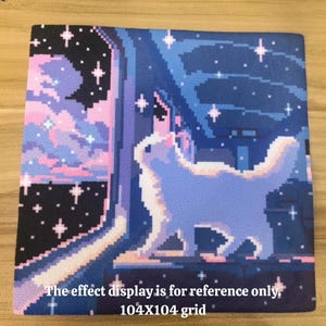 May include: A square canvas print featuring pixel art of a white cat standing near a window overlooking a night sky with pink and blue clouds and stars. The text at the bottom reads: The effect display is for reference only. 104X104 grid.