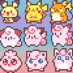 May include: A grid of nine pixelated cartoon characters in various colors. The characters include yellow, orange, and pink creatures with distinct features like ears, cheeks, and tails. The background has a gradient of blue, pink, and purple.