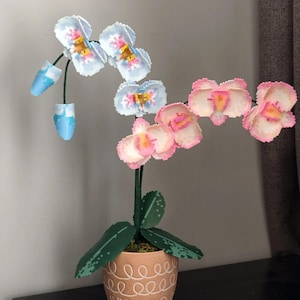 May include: A decorative orchid plant in a peach-colored pot with a white swirl design. The orchid features light blue and pink flowers with yellow centers, green leaves, and blue buds. The plant is displayed on a dark surface.