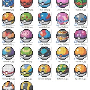 May include: A grid of 25 pixelated Poké Balls, each with a distinct design and colour palette. The balls are labelled with names such as "Beast Ball", "Cherish Ball", and "Master Ball". The image showcases a variety of ball types.