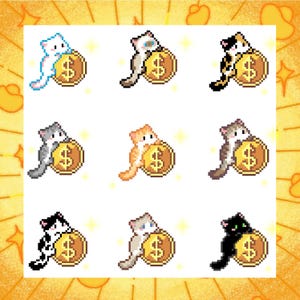 May include: Nine pixel art images of cats in various colors, each resting on a gold coin with a dollar sign. The cats include white, calico, gray, orange, brown, black and white, and black cats. The background is white with gold sparkles.
