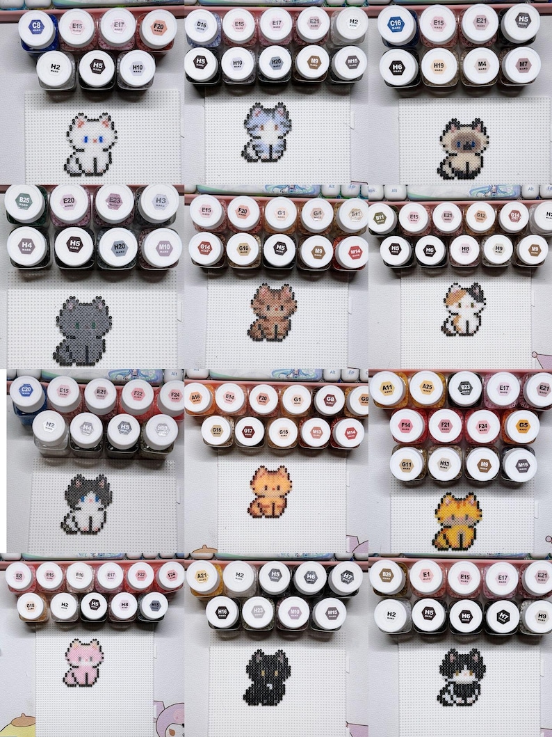 May include: A collection of colorful paint bottles arranged above pixelated cat designs. The cats are in various colors and patterns, created with small, square beads on a white pegboard. The paint bottles have white lids with color-coded labels.