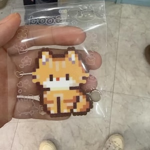 May include: A pixelated orange cat magnet in a clear plastic bag. The cat is in a sitting position with a white chest and black details. The bag has a cat-themed design.