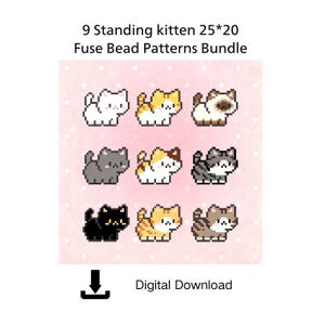 Może przedstawiać: Cyfrowy plik do pobrania zawierający 9 Standing kitten 25*20 Fuse Bead Patterns Bundle. Obraz przedstawia dziewięć kociąt w stylu pixel art w różnych kolorach i wzorach, w tym białe, pomarańczowe, syjamskie, szare, trójkolorowe, pręgowane i czarne na różowym tle.