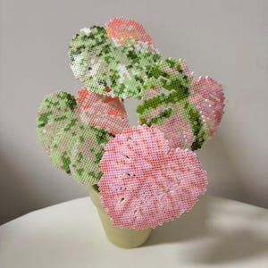 May include: A decorative plant sculpture crafted from small, fused plastic beads. The leaves feature a variegated pattern of light green, dark green, white, and soft pink colors. The plant is contained within a simple, solid light-colored pot.