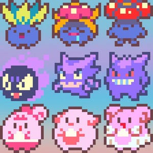 Op de afbeelding: Een raster van negen pixel art-personages in verschillende kleuren. De bovenste rij toont blauwe en rode figuren. De middelste rij toont paarse en zwarte karakters. De onderste rij toont roze karakters.