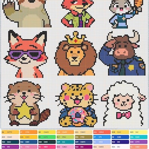 Può includere: Una collezione di personaggi di animali in pixel art, tra cui un bradipo, una volpe, un coniglio, un leone e altri. Ogni personaggio è reso in uno stile punto croce con colori vivaci e tratti distintivi. L'immagine include anche una tavolozza di colori.
