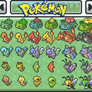 Op de afbeelding: Een gepixeld beeld met verschillende Pokémon-personages. De bovenkant van de afbeelding toont het woord "Pokémon" in geel en blauw. De afbeelding toont verschillende rijen met verschillende Pokémon, waaronder Bulbasaur, Charmander, Squirtle en anderen, in een rasterachtige opstelling.