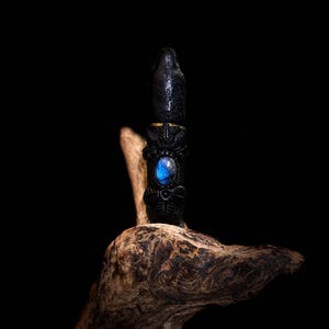 Peut inclure: Une baguette noire sculptée avec une pierre précieuse bleue au centre. La baguette repose sur un morceau de bois vieilli sur fond noir. La baguette présente des sculptures complexes et une surface texturée.