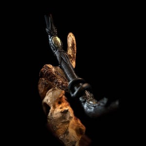 Könnte beinhalten: Ein detaillierter, schwarzer, verzierter Zauberstab mit einem Edelstein, der auf einem Holzstück vor schwarzem Hintergrund ruht. Der Zauberstab hat komplizierte Designs und einen strukturierten Griff. Der Edelstein ist oval und hat einen hellgrünen Farbton.