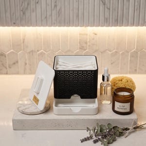 Modern Q-Tip Dispenser - Geometric 3D Printed Cotton Swab Holder with Lid - Minimalist Bathroom Organizer