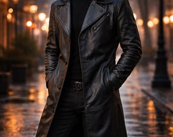 Men Black Leather Long Hooded Trench Coat