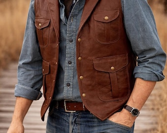 Men Genuine Cowhide Leather Western Sleeveless Vest Brown leather men's vest | Vintage Snap Button Biker Vest