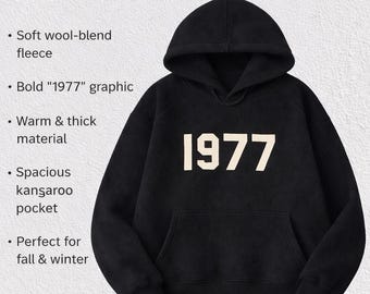 Black 1977 Wool Blend Hoodie | Oversized Winter Pullover | Thick Fleece Sweatshirt | Unisex Cozy Streetwear Hoodie