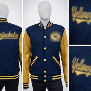 May include: A navy blue and gold letterman jacket with the word "Yellowjackets" arched across the back. The jacket has gold sleeves, a striped collar, cuffs, and hem. The front features a blurred emblem and gold buttons.