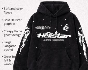 Black Fleece Graphic Hoodie | Gothic Star Print Pullover | Unisex Oversized Streetwear Hoodie | Warm Winter Sweatshirt