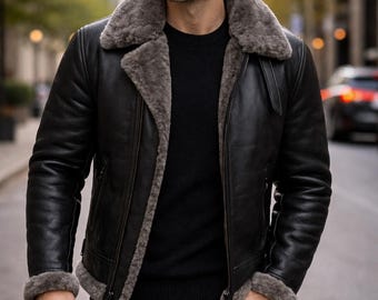 Men's Black Shearling Aviator Jacket Real Leather Faux Fur Bomber Coat