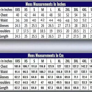 Op de afbeelding: Een tabel met herenkledingmaten in inches en centimeters. De tabel toont borst-, taille-, mouw-, schouder- en lengtematen, van maat XXS tot 5XL.