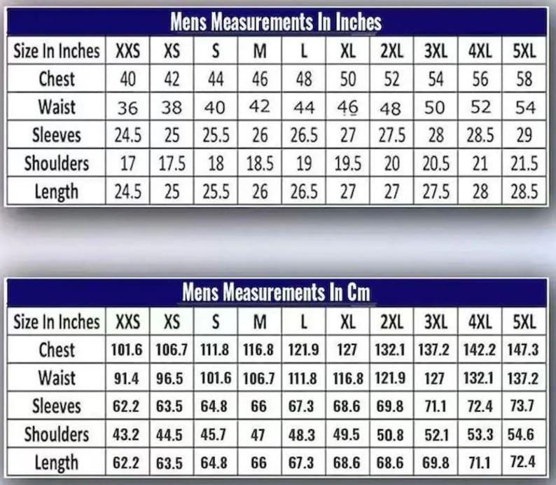 Op de afbeelding: Een tabel met herenkledingmaten in inches en centimeters. De tabel toont borst-, taille-, mouw-, schouder- en lengtematen, van maat XXS tot 5XL.