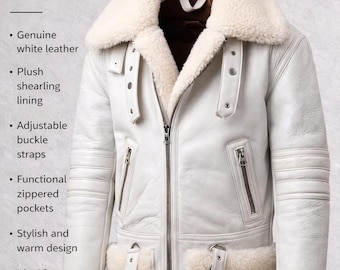Men White Faux Fur Shearling Jacket | Faux Sheepskin Leather Biker Coat | Winter Aviator Style Jacket | Warm Faux Fur Lined Coat
